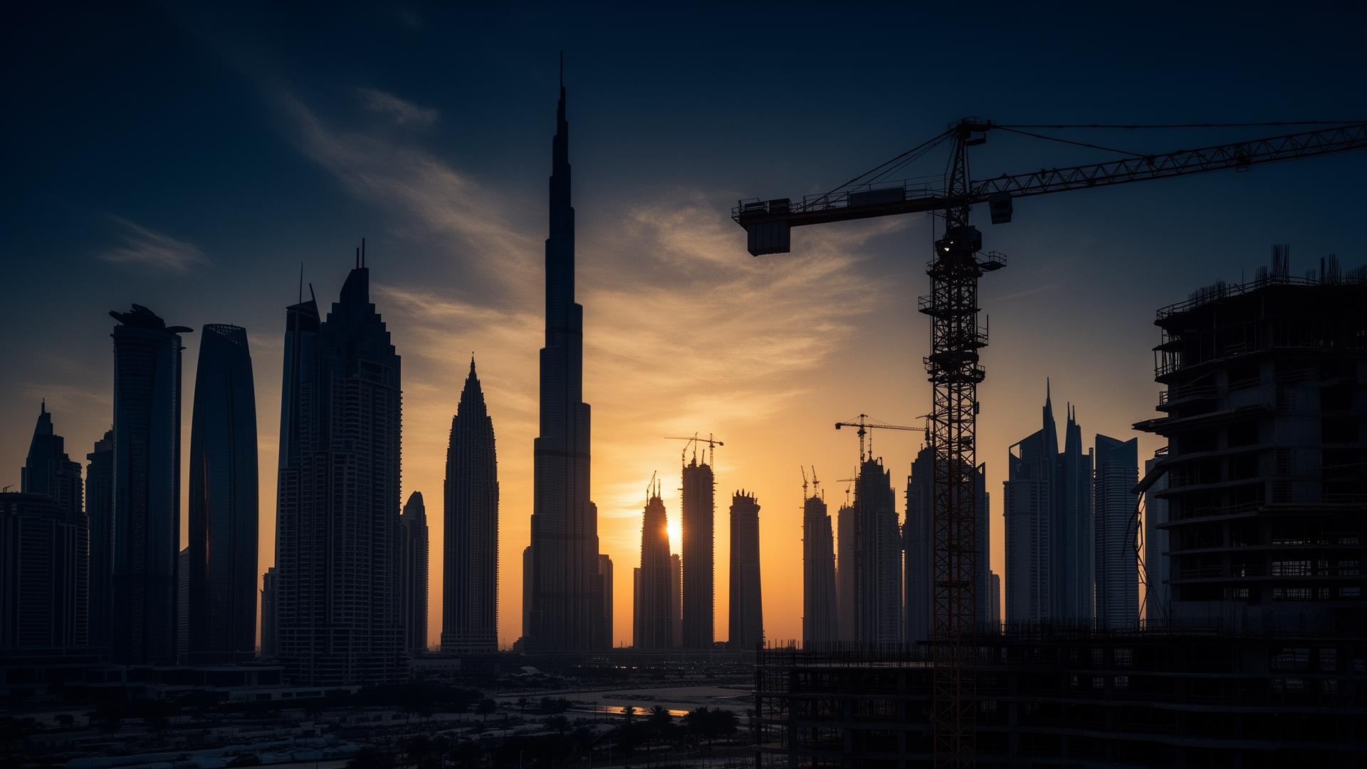Dubai skyline at sunset with construction crane